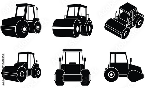 Road Roller Silhouette Vector Set – Heavy Construction Machinery Featuring Smooth Drum Rollers, Industrial Frames, and Asphalt Compactors for Roadwork and Surface Leveling Projects

