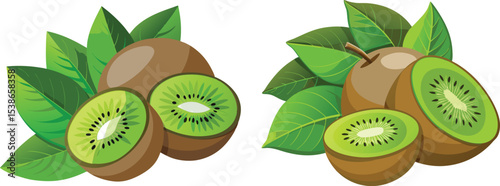 Set of collection Illustration vector of kiwi fruit with leaves, featuring two whole kiwis and two halved kiwis that reveal their bright green interior and small black seeds. 