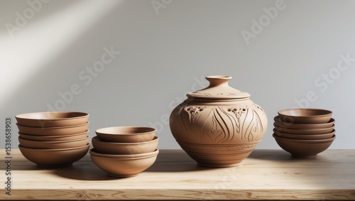 Wallpaper Mural Various clay dishware arranged on a wooden table set against a white background Torontodigital.ca