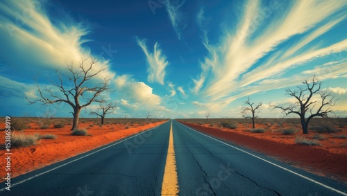 Desert highway stretches into the horizon on a road enveloped by red dirt.