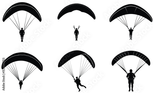 Paraglider Silhouette Vector Set – Aerial Sports and Recreational Flight Illustrations Featuring Canopies, Harnesses, and Dynamic Sky Gliding Poses for Adventure and Travel Design Themes

