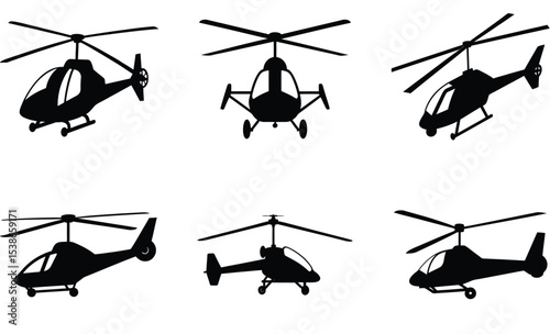 Autogyro Silhouette Vector Set – Unique Rotary-Wing Aircraft Featuring Open Cockpits, Rear-Mounted Propellers, and Lightweight Frames for Aviation and Experimental Flight Design Themes

