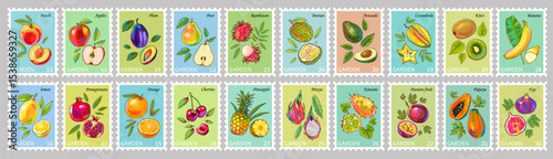 Big set of postage stamps with fruits. Whole and sliced ​​fruits with leaves. Cartoon. Pineapple, rambutan, durian, pitaya, kiwano, carambola, avocado, papaya, passion fruit, lemon, pomegranate