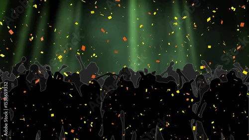 Receiving green beams, silhouettes dancing cheering amid yellow orange confetti celebrating party