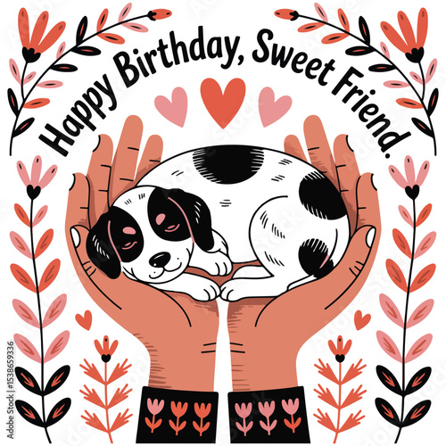 illustration of hands gently cradling a sleeping spotted dog in a folk art style. The design features a color palette of coral pink, bright red, and black against a cream background