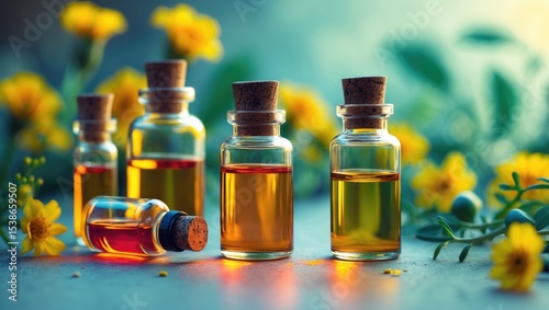 Essential oil bottles with fresh blooming agrimony or sticklewort plant on a table