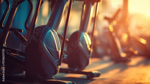Close-up of several elliptical trainers in a gym at sunrise