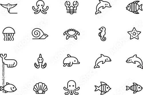 Ocean Icons: A collection of stylized aquatic life icons, depicting various marine creatures. Each icon is rendered in a minimalist, clean style, suitable for design applications.