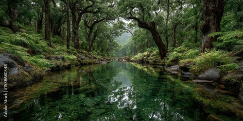 Serene forest landscape with clear water reflecting trees during a quiet morning