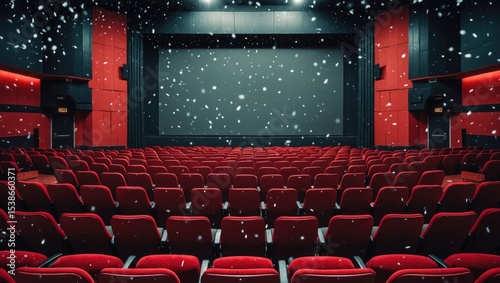 Entertainment and leisure concept - cinema or movie theater with an empty auditorium featuring red seats amidst snowflakes