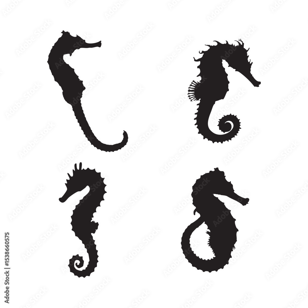 Obraz premium Black Seahorse Silhouette Set Marine Life Vector Collection Isolated on White Background