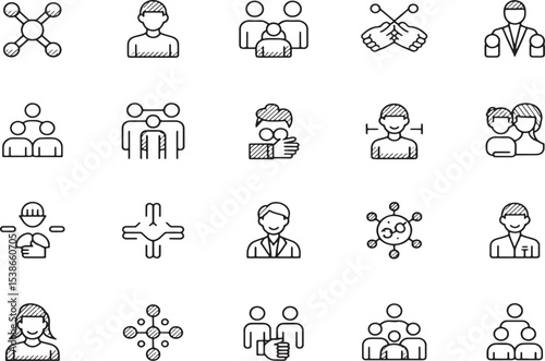 **Icon Collection for Connection:** A curated set of line-art icons representing networks and unity. Perfect for tech and social applications.