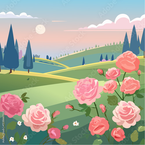Serene Hillside Rose Garden A Peaceful Sunset Vista