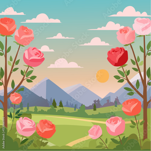 Serene Mountain Landscape with Blooming Roses A Peaceful Springtime Scene