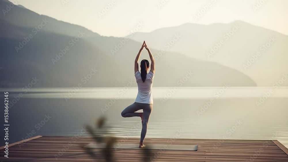 Woman practicing yoga tree pose by lake, serene outdoor wellness