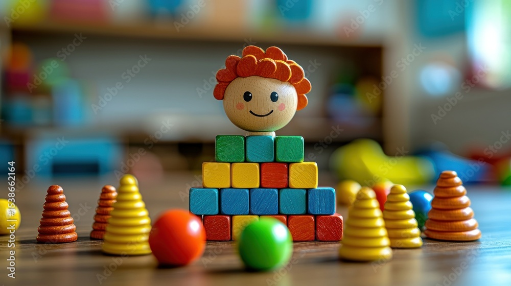 Naklejka premium Colorful wooden toys arranged on a table