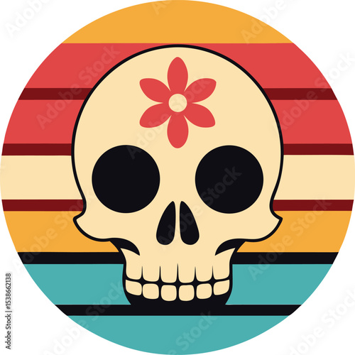 Vintage skull with floral vector silhouette on retro sun  