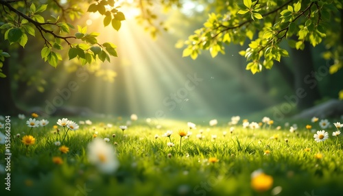 Sunlight, filtered through a canopy of newly unfurled leaves, paints dappled patterns on the dew kissed grass below