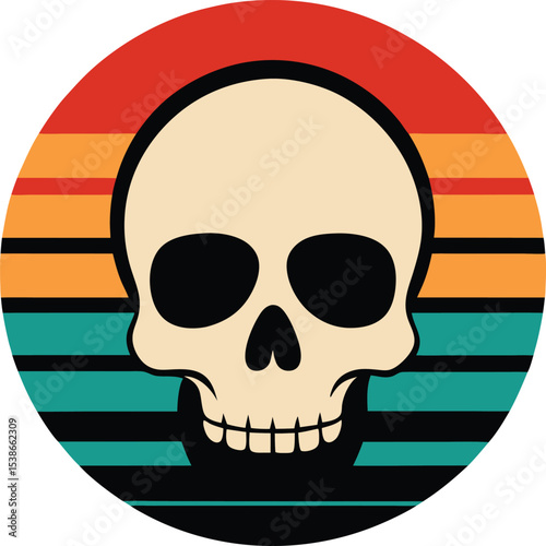Vintage skull vector silhouette on retro sunset  