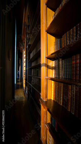 Dark Wooden Bookcases Filled with Antique Books Line a Long Hallway Sunlight Illuminates the Rich Wood Grain