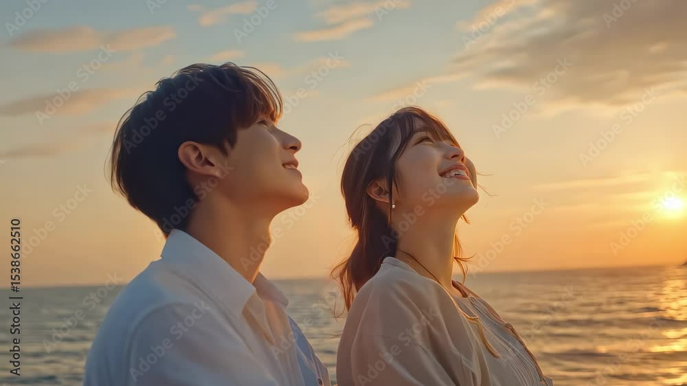 Romantic Seaside Sunset Young Couple Beautiful Moment