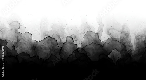 Abstract black ink blot background with gradient effect and flowing shapes on white