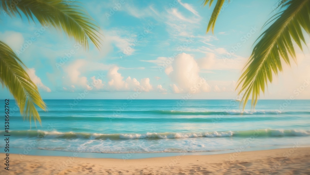 Fototapeta premium Empty beach and palm leaves with blurred background, picturesque sea during daytime.