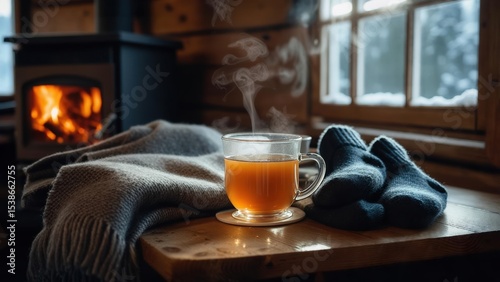 Cozy Winter Scene Featuring a Warm Drink, Soft Textiles, and a Beautiful Hearth Ambiance