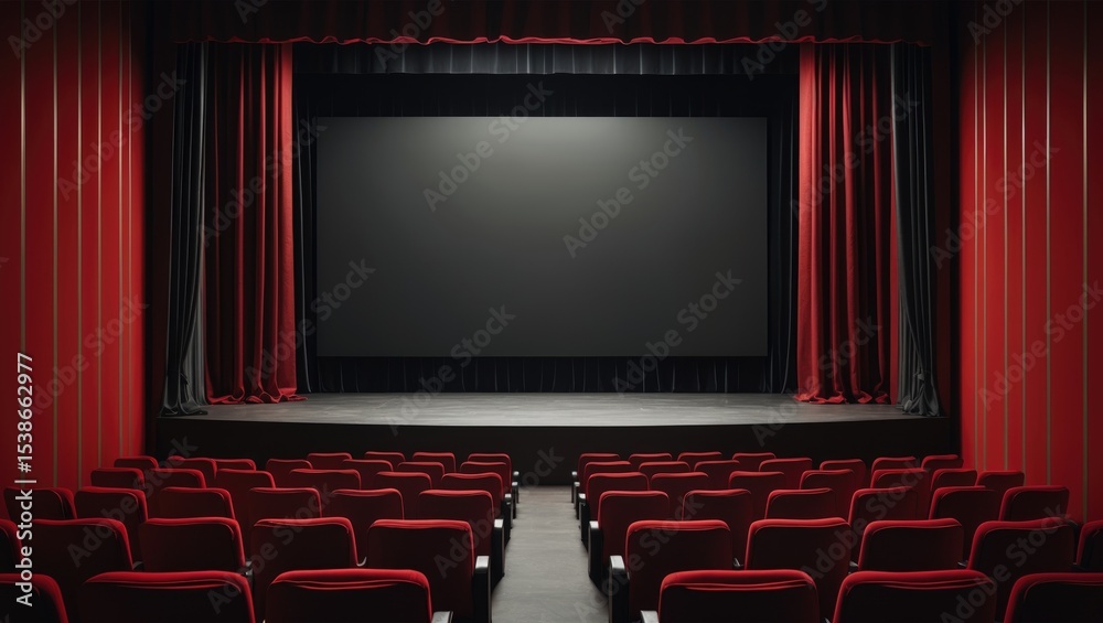 Fototapeta premium Empty cinema auditorium with row of chairs and stage with silver screen. Prepared for customizing your own picture.