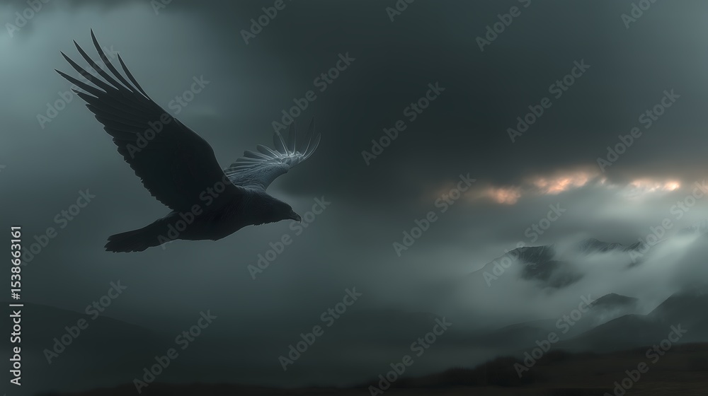 Fototapeta premium Dark bird soaring through stormy skies, dramatic atmosphere, themes of freedom and resilience, open space for text.