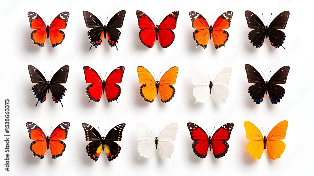 Fototapeta premium Colorful butterfly collection studio shot, white background, design element