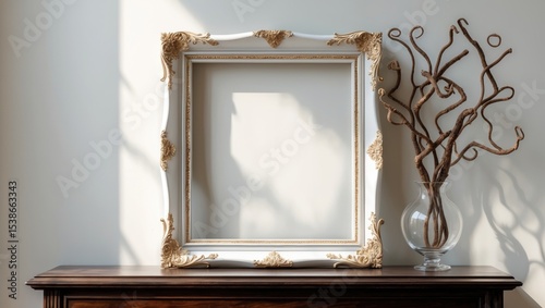 Empty frame placed on a desk or bookshelf, accompanied by a vase filled with artificial, dried twigs in white colors.