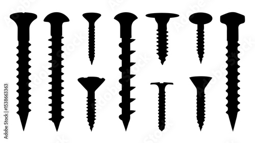 Set of black various screws vector silhouette