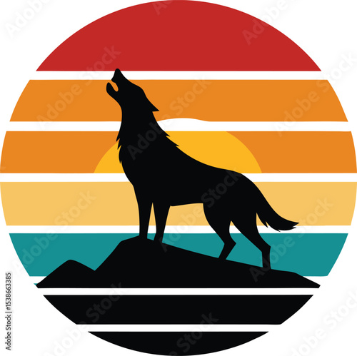 Wolf howling vector silhouette on retro sunset  