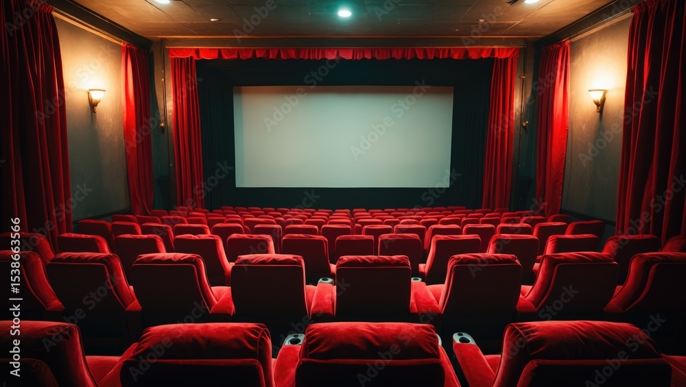 Fototapeta premium Empty theater auditorium with blank screen or movie cinema with red seats before show time.