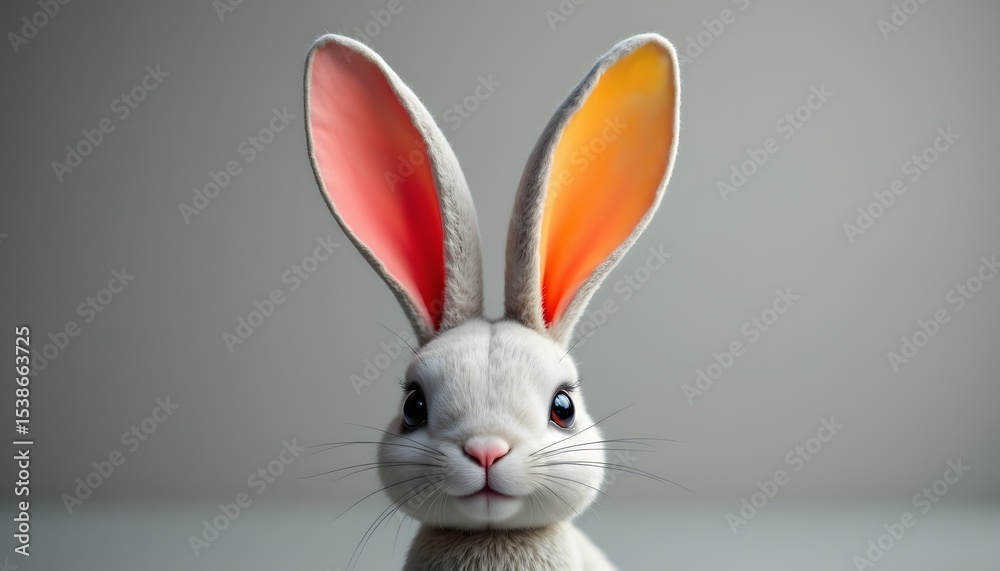 Obraz premium A charming rabbit figure is positioned in front of a muted, achromatic backdrop. Its prominent auditory appendages display a spectrum of warm hues, transitioning from a rosy tint to a citrus shade