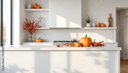 A sleek, minimalist kitchen featuring white cabinetry, countertops, and backsplash is imbued with the warmth of autumn