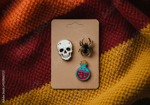 Mockup of enamel pin set on a cardboard backing featuring Halloween icons