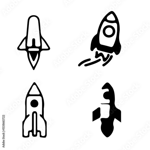 set of black silhouettes of space rocket icons