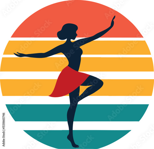 Woman dancing vector silhouette on retro sunset  
