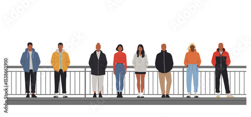 Flat vector city dwellers standing at pedestrian bridge