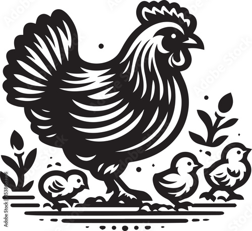 Majestic hen protecting her chicks in a charming black and white woodcut style illustration perfect for farm themes or poultry designs