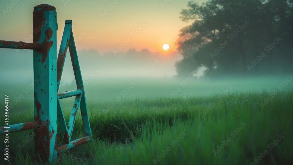 Fototapeta premium Farmer in the field with a gate at sunrise outdoors, with water droplets and a frosty cold atmosphere.