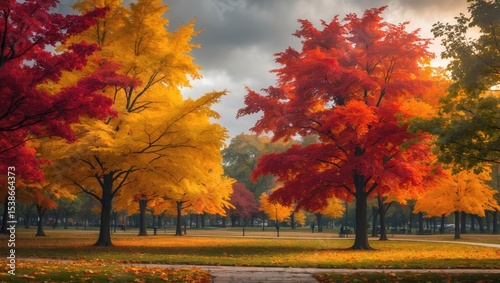 A group of deciduous maple trees in an outdoor park under a clear sky displaying vibrant orange leaves, characteristic of the autumn season.