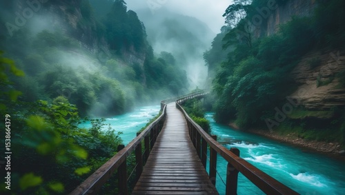 Famous foggy gorge featuring a wooden footbridge crossing the river following summer rain. A well-known destination for hiking and tourism.