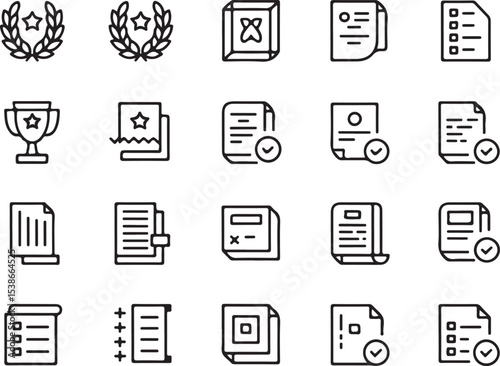 Icons of Achievement: A curated set of line art icons representing milestones, accomplishments, awards and various elements of success, meticulously crafted in a clean and modern graphic design style.
