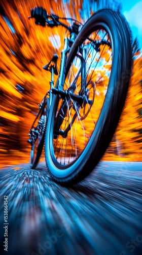 Cyclist speeds through autumn forest trail