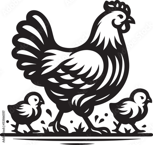 Majestic hen protecting her chicks in a charming black and white woodcut style illustration perfect for farm themes or poultry designs