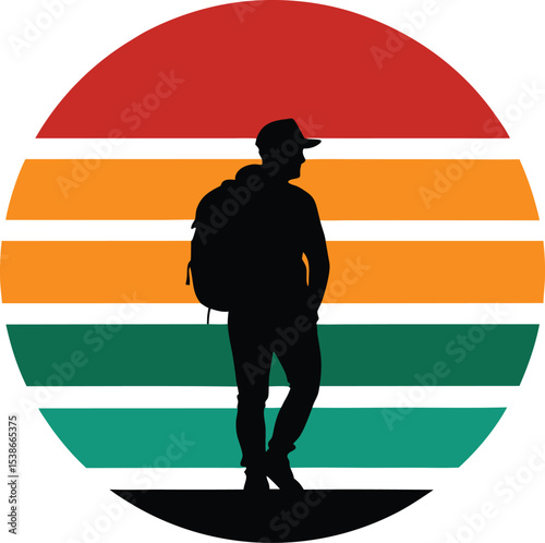 Backpacker vector silhouette on retro striped sunset  