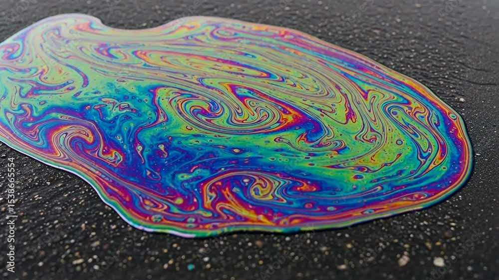 Iridescent Liquid Spill on Asphalt Surface Showing Colorful Pattern